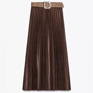Zara Brown Belted Faux Suede Pleated Skirt
